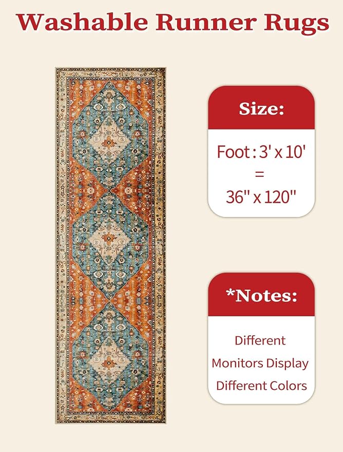 SERISSA 3x10 Washable Non Slip Boho Runner Rug for Hallway | Ultra Soft Vintage Oriental Carpet Low-Pile Tribal Floor Carpet for Stair Kitchen Bedroom Bathroom Laundry Room