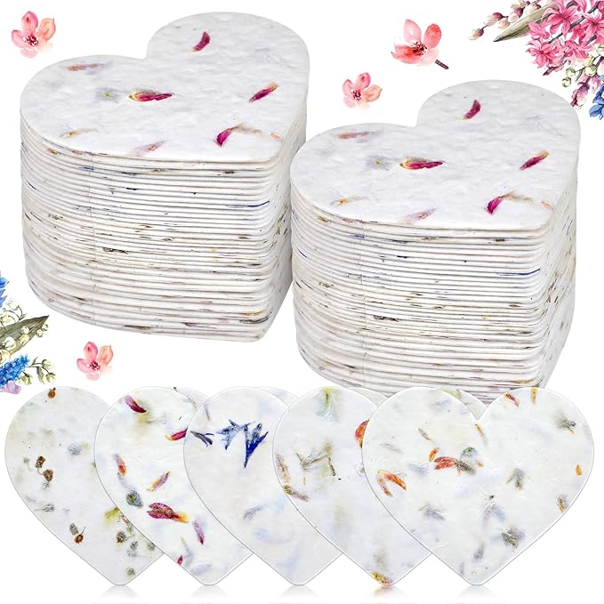 Dunzoom 50 Pcs Handmade Seed Paper Plantable Wildflower Seed Paper Recycled Flower Petals Tags Wedding Favors for Guests Craft Gifts Cards for Envelope Birthday Party, 5 Styles (Heart)