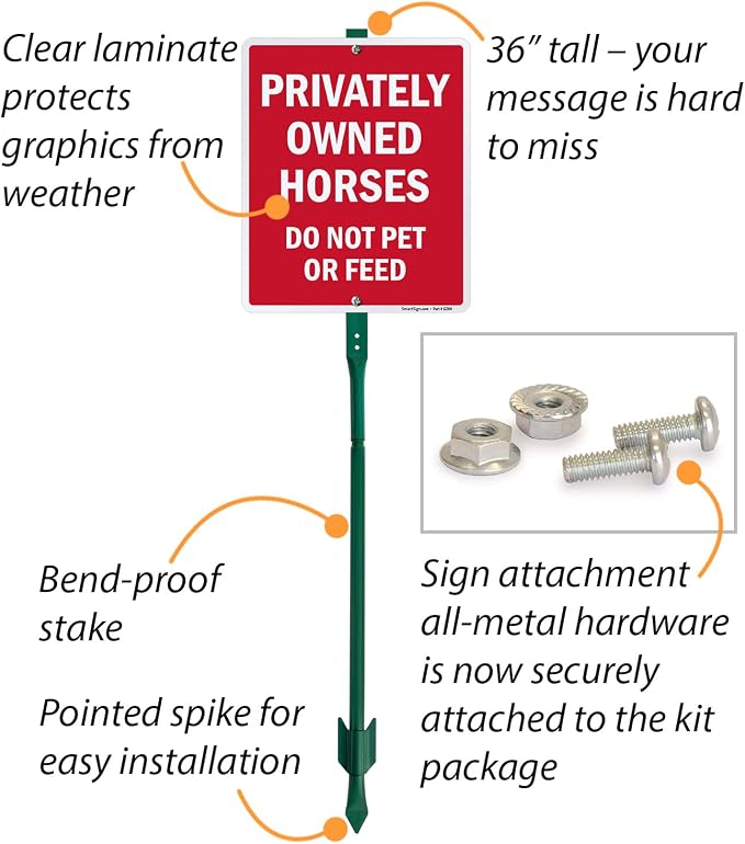 SmartSign 12 x 10 inch “Privately Owned Horses - Do Not Pet Or Feed” LawnBoss Yard Sign with 3 foot Stake, 40 mil Laminated Rustproof Aluminum, White and Red, Set of 1