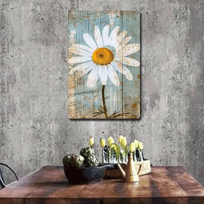 Metal Sign Tin Sign Vintage Wall Art Shabby Chic Daisy Tin Sign for Rustic Simplicity Antique Beauty and Distressed Wood Surfaces Outhouse Wall Decor for Home Decor 8×12 Inches