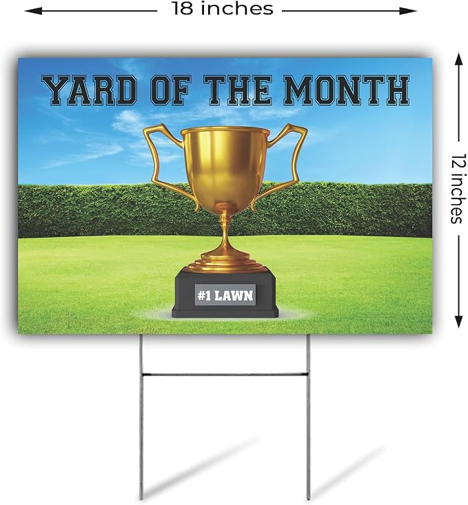 SignPro Yard of The Month Lawn Sign | Trophy Award Yard Sign | #1 Lawn of the Month Sign | 18" x 12" Corrugated Plastic Yard Signs with H Stakes | Double Sided
