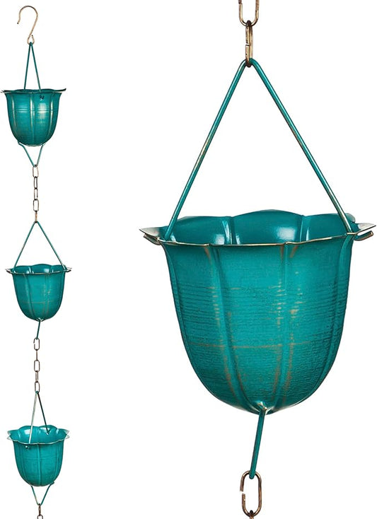 Evergreen Garden Blue Flower Cups Metal Rain Chains for Gutters | 6 ft. Long | Rain Catcher Chain Replacement Downspout | Decorative Rain Chains for Outside Garden Balcony Porch