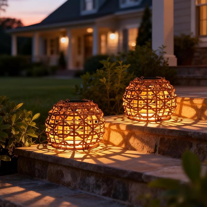 2 Pack Solar Lanterns Outdoor Waterproof, Hanging Solar Lights for Outside with Upgraded Bright LED, Boho Rattan Lantern, Outdoor Chandelier Lights for Garden, Yard, Porch, Patio, Backyard, Gifts