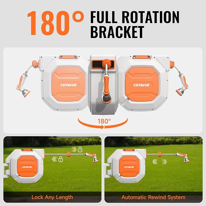 Retractable Garden Hose Reel 1/2 inch x 150 ft,Wall Mounted Heavy Duty Garden Hose Reel with 180°Swivel Bracket,Upgraded 10 Pattern Nozzle/Slow Return System(White)