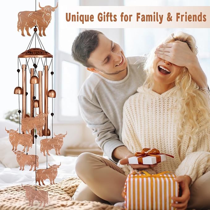 GDNSFIT Highland Cow Wind Chimes for Outside, Metal Windchimes Outdoors, Highland Cow Gifts for Women/Men, Memorial/Birthday Gifts, Garden Decor for Outside, Patio or Yard, Durable Chimes for Outdoors