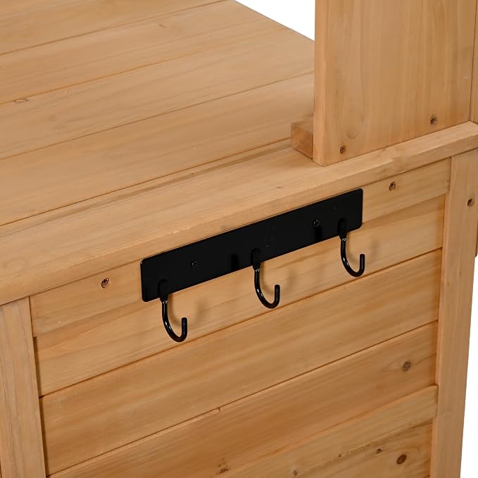 Merax Farmhouse Potting Bench with 6 Drawers, 44.6” Large Garden Workstation, Outdoor Kitchen Island with Bottom Cabinet & Hooks, Freestanding Patio Furniture,Natural Wood