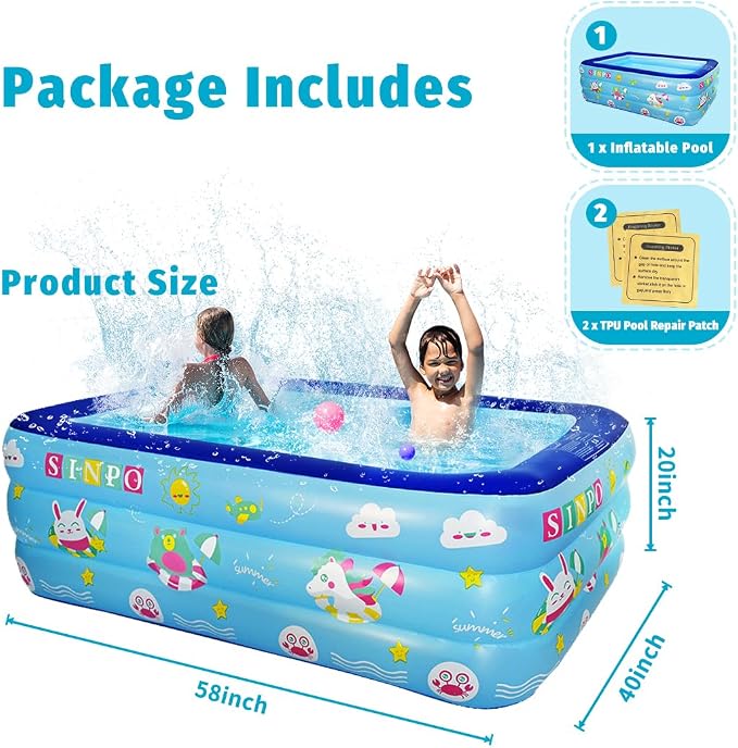Seasons Inflatable Pool for Kids 58"x40"x20" PVC Thickened Swimming Pool | for Summer Garden & Outdoor Backyard Water Parties