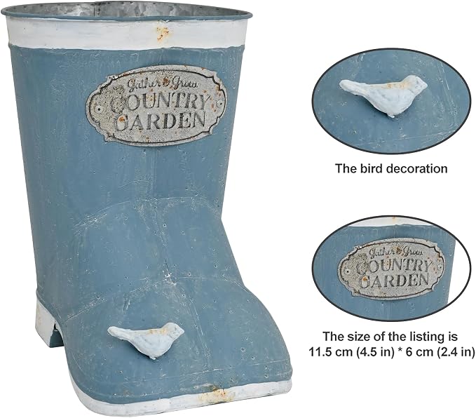 Vintage Blue Rain Boot Planter, Country Garden Metal Boot Flower Pot, Rustic Farmhouse Decorative Planter for Indoor Outdoor Succulents, Herbs, Garden & Porch Decor