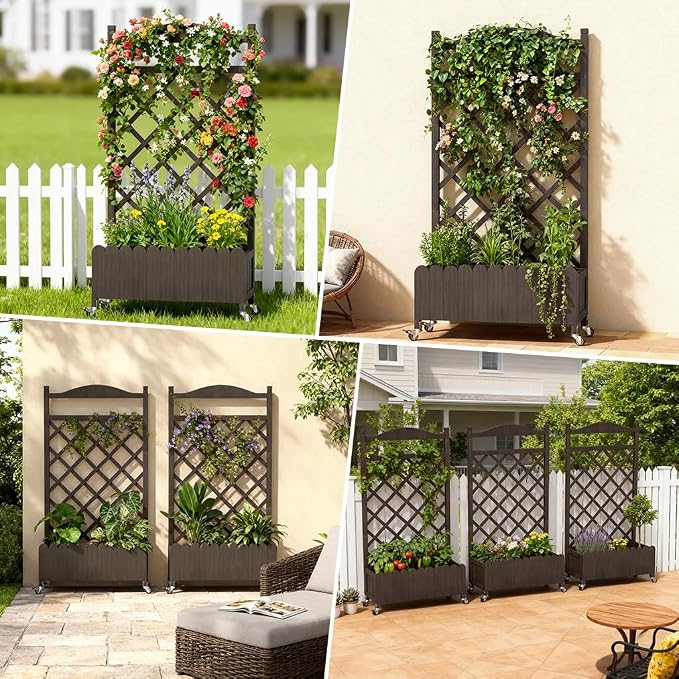 COMHOMA Planter Box with Trellis and Wheels, 48In Elevated Raised Garden Bed, Drainage Holes, Outdoor Lattice for Climbing Flowers, Vegetables, Patio Balcony, Brown