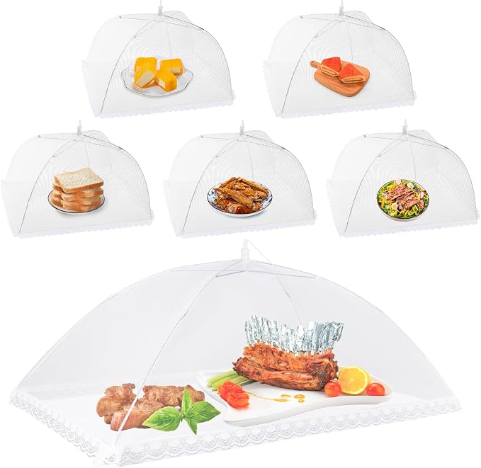 Homealexa 6 Pack Mesh Food Covers Pop Up, Reusable Food Net Covers (1 Extra-Large 24"×40" & 5×17"), Foldable Food Tent Fly Cover for Outdoor BBQ, Picnic, Garden Party, Cake, Fruit & Table Protection