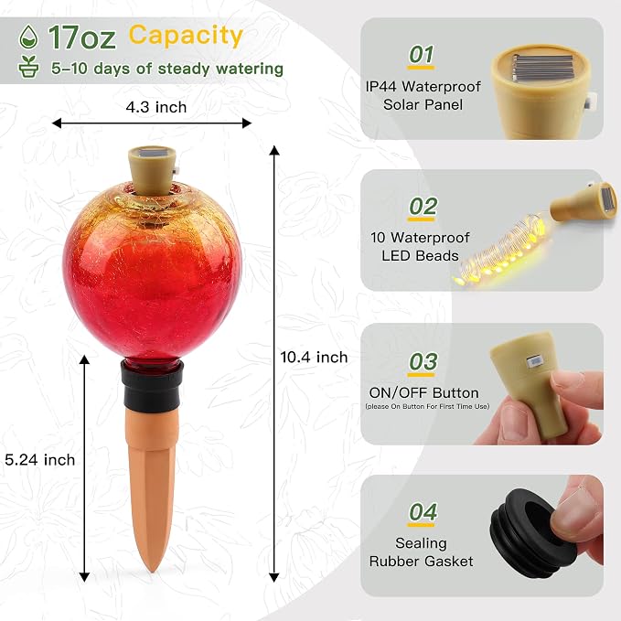 VOREEN Crackle Glass Plant Watering Globe with Terracotta Spike,Self-Watering Irrigation for Potted Plants, with Solar Accent Light for Indoor & Outdoor Décor, 17oz, Gold–Red Gradient