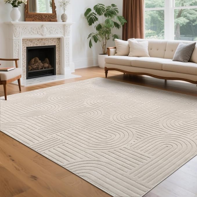 SHACOS Soft Cozy Fluffy Arch Pattern High-Low Pile Area Rugs 6'x9' Large Non Slip Washable Modern Geometric Rug Scandinavian Minimalist Carpet for Living Room Bedroom Dining Room, Beige