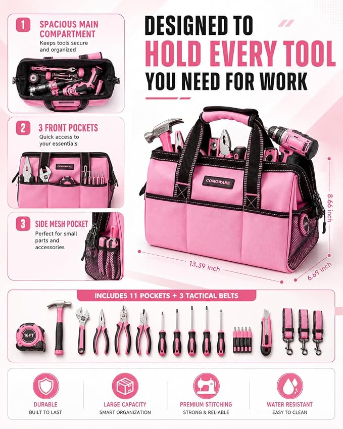 COMOWARE 13-Inch Tool Bag, Pink Soft Storage Bags with Inside Pockets, Wide Mouth Pink Tool Tote Bag