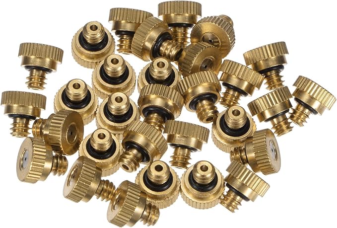 M METERXITY 30-Pack Brass Misting Nozzle, 0.032" 0.8mm Orifice 10/24 UNC O-Ring Replacement Mister Nozzles Plug Mister Heads for Garden Patio Outdoor Cooling System Low-Pressure Atomizing