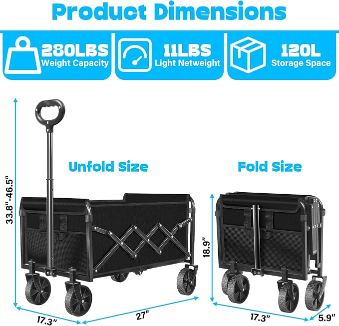 Wagons Carts Foldable,280lbs Collapsible Wagon Foldable Wagon with Wheels, Portable Folding Cart for Camping, Picnic,Beach, Groceries,Outdoor Sports,Shopping (Black)