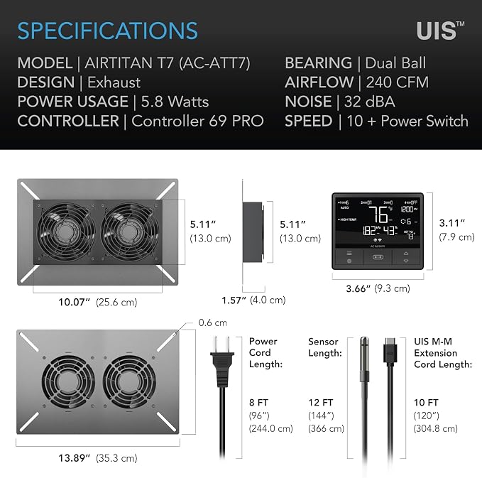 AC Infinity AIRTITAN T7 Ventilation Exhaust Fan 12 ". | With WiFi Temperature Humidity Controller, EC Motor for Crawl Spaces, Basements, and Garages