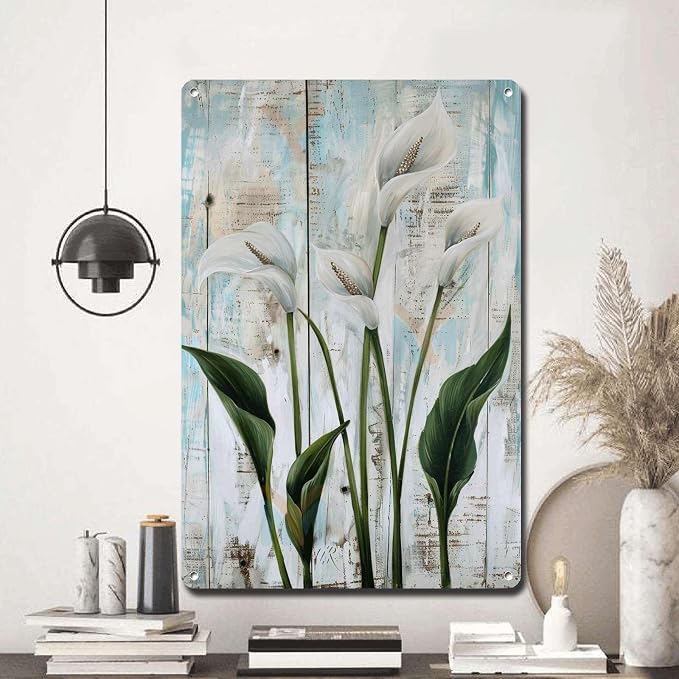 Metal Sign Tin Sign Vintage Wall Art Vintage Peace Lilies Tin Sign for Shabby Chic Style Green Stem Displays and Corrosion Resistant A Boho Office Decor for Home Decor 8×12 Inches
