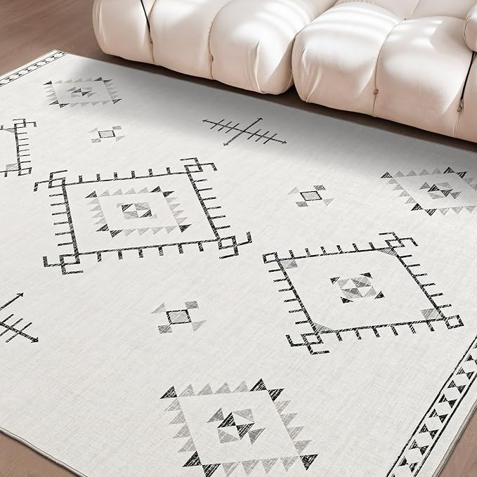 ILANGO Area Rug 5'x7' for Living Room Bedroom Washable Moroccan Boho Rugs for High Traffic Area Non Slip & Non-Shedding Rugs Fade Resistant Carpet for Kitchen Office (White)