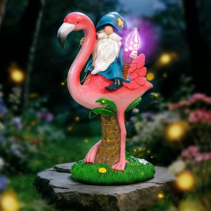 Flamingo Gnome Solar Outdoor Statue - Garden, Yard, Lawn, Patio Decor - Unique Birthday Housewarming Gift for Women, Mom, Grandma