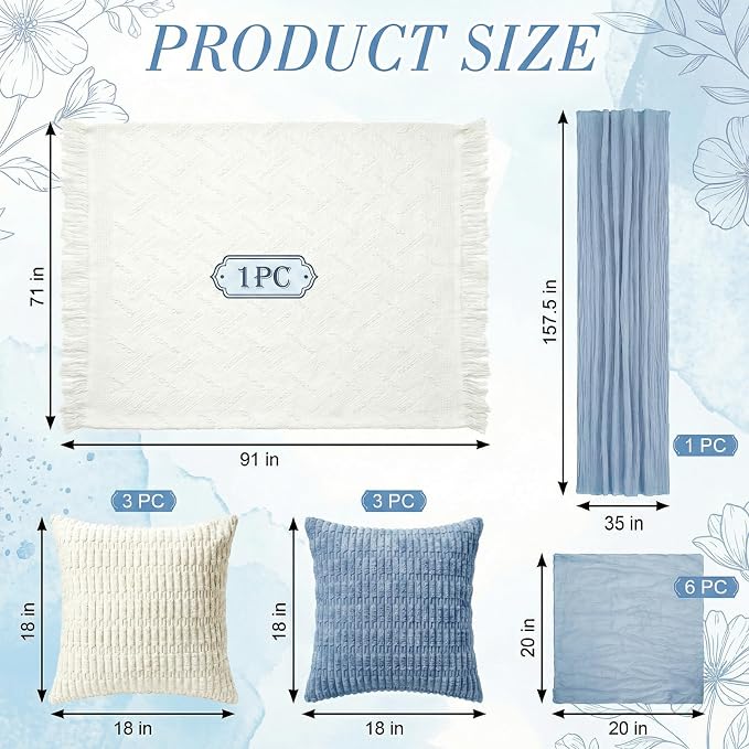 91 x 71 Extra Large Outdoor Boho White Picnic Blanket with Blue Table Runner, 6 Napkins and 6 Throw Pillow Covers Table Decor for Beach Picnic Camp Wedding Party Birthday Baby Shower