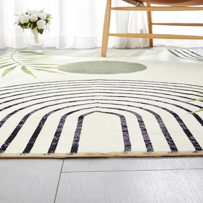 RoomTalks Mid Century Modern Washable Rug, Boho Cute Aesthetic 6x9 Area Rugs for Bedroom Dining Living Room Kitchen Office, Green Abstract Tropical Leaves Non Slip Thin Indoor Botanical Carpet