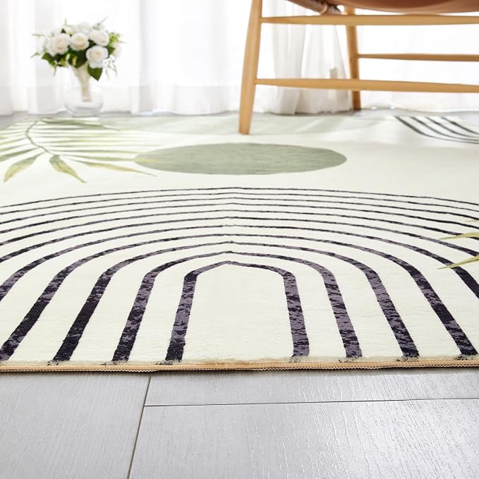 RoomTalks Mid Century Modern Washable Rug Stain Resistant, Boho Cute Aesthetic 9x12 Area Rugs for Bedroom Dining Living Room Office, Green Abstract Tropical Leaves Indoor Rug Plant Botanical Carpet