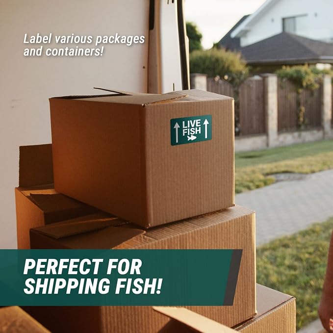 Live Fish Shipping Stickers (5 x 3 Inch, Green - 300 Labels) Live Fish Labels for Shipping & Handling, This Side Up Arrow Warning, Live Fish Shipping Supplies or Warning Stickers