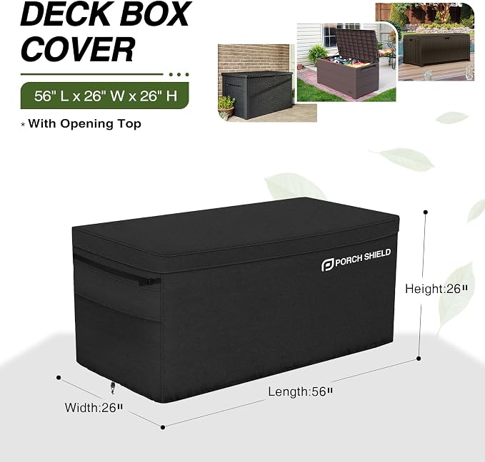 Porch Shield Patio Deck Box Storage Cover - 600D Outdoor Waterproof Tear Resistant Rectangular Fire Pit Table Cover 56 x 26 x 26 inches（Top Zipper, Black）