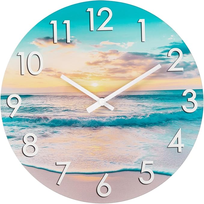 12 Inch Outdoor Clock – Waterproof Tempered Glass with Sunset Beach Scene, UV Resistant, Battery Operated, Silent, Coastal Decor for Patio, Pool, Garden, Porch & Bathroom