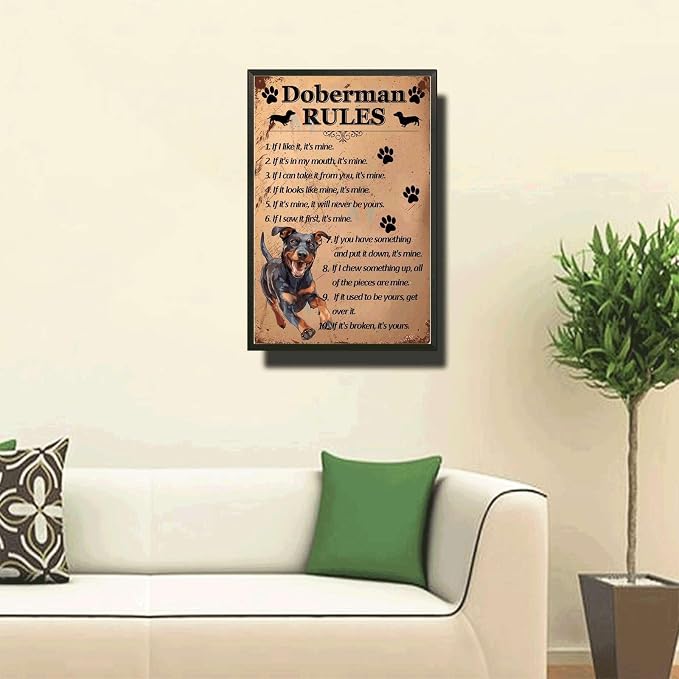 Metal Sign Tin Sign Vintage Wall Art Doberman Rules Tin Signs for Women for Club 12×16 Inches with Metal Frame