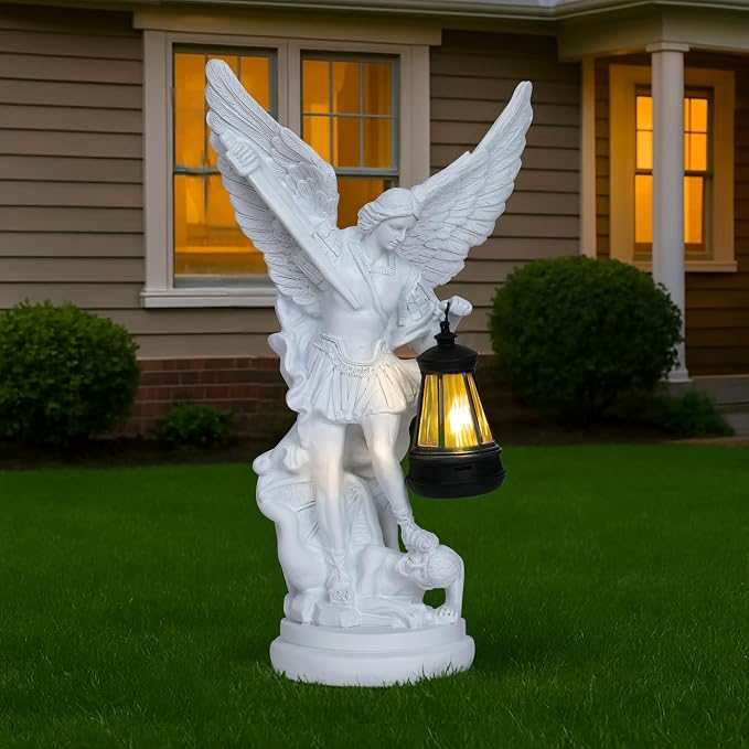Dlfghos St Michael The Archangel Solar Outdoor Garden Decor Statues–12 in Miguel Arcangel Statue Solar Outdoor Sculptures for Outside Yard Patio Balcony Front Lawn Decor