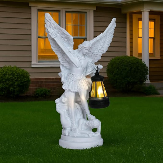 Dlfghos St Michael The Archangel Solar Outdoor Garden Decor Statues–12 in Miguel Arcangel Statue Solar Outdoor Sculptures for Outside Yard Patio Balcony Front Lawn Decor