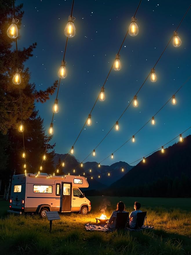 50FT Solar String Lights Outdoor Waterproof with 18+1 LED Bulbs Long Last for 20+Hrs, Commercial Grade Shatterproof USB Patio Solar Powered Lights for Camping，Backyard, Garden, Porch Decor