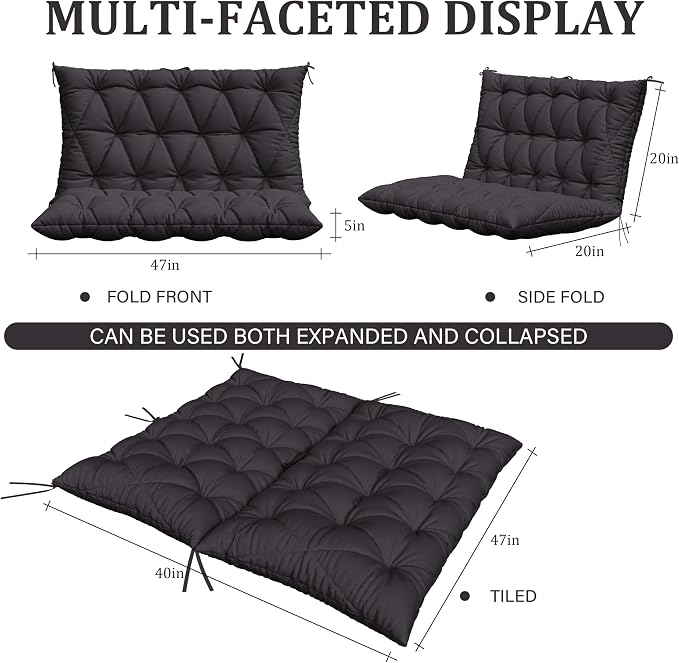 Porch Swing Cushion with Backrest,Waterproof Bench Cushion for Outdoor Furniture,2-3 Seater Replacement Thickened 5 in swing cushion,with Ties,Patio,Outdoor,Backyard and Garden (Grey,47x40 in)