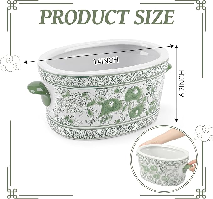 LemonRoad Green and White Ceramic Planter Pot 14 x 7.7 x 6.1 Inches Porcelain Vintage Floral Oval Cachepot Vase Chinoiserie Decor for Indoor Plants Succulents Home((Peony Style)