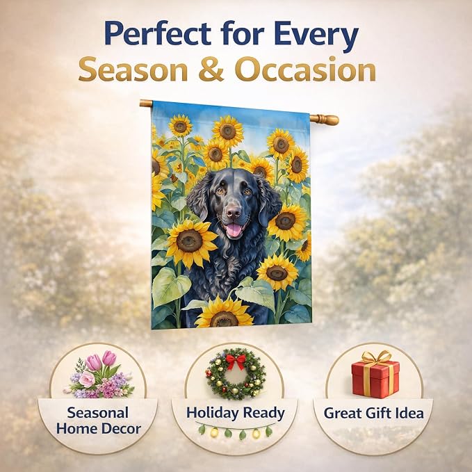 Caroline's Treasures DAC6064CHF Curly-Coated Retriever in Sunflowers House Flag Large Porch Sleeve Pole Decorative Outside Yard Banner Artwork Wall Hanging, Polyester, House Size, Multicolor