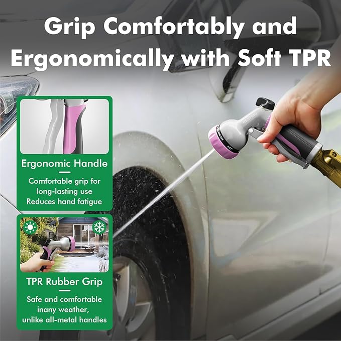 RESTMO Garden Hose Nozzle, Heavy Duty Metal Water Hose Nozzle with 7 Adjustable Spray Patterns, High Pressure Hand Sprayer with Flow Control, Best for Watering Plant & Lawn, Washing Car & Pet, Pink