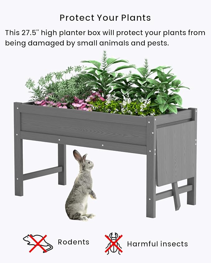 HDPE Raised Garden Bed with Legs, 49x21x27in All-Weather Heavy Duty Planter Box, Outdoor Elevated Garden Bed for Seeds, Herb, Flower, Vegetable (Grey)