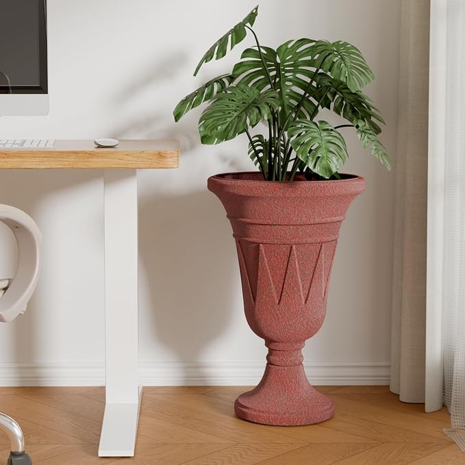 Tall Urn Planters for Outdoor Plants Set of 2-23.6" H Vintage Trophy Outdoor Planters for Porch Decor with Drainage Hole, Indoor Large Flower Pots, Pedestal Planter/Garden Vase, Brick Red