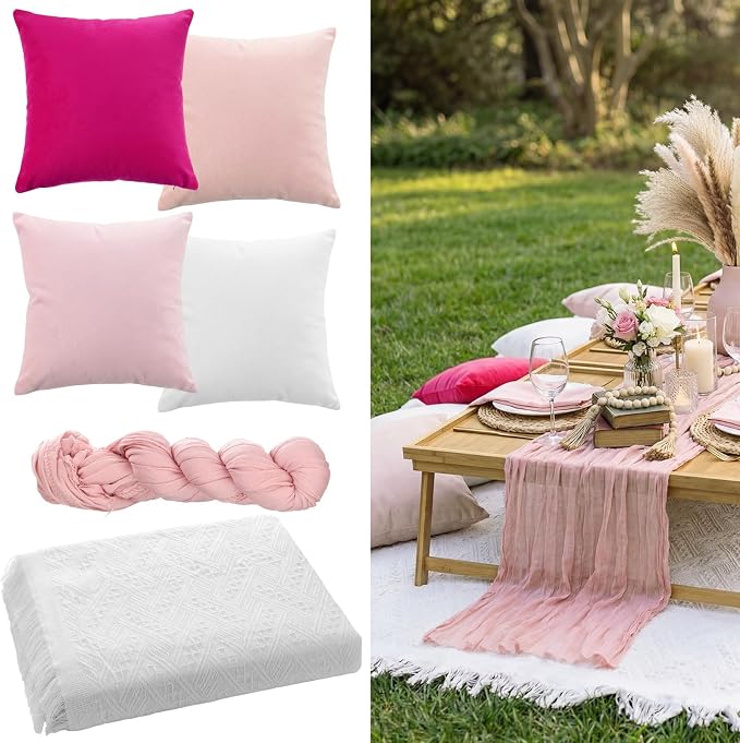 Moukeren 10 Pcs 71''x102'' Extra Large White Outdoor Boho Picnic Blanket with Table Runner and 8 Throw Pillow Covers Oversized Washable Portable Beach Blanket for Picnic Camp Lawn Wedding