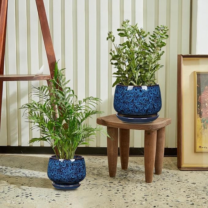 GnFlus Blue Ceramic Planter Pots with Drainage Holes, Set of 2 7''+5'' Saucers Large Round Plant Pot for Indoor-Outdoor Plants, Succulent Orchid Flower