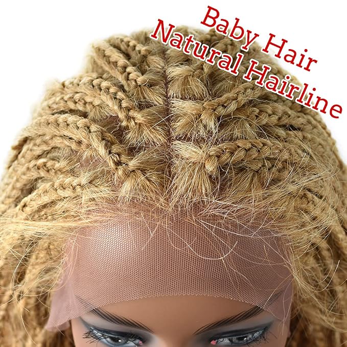 Lace Braids Wig For Black Women Box Braided Wigs Curly Swiss Lace Front Braid Wigs Hand Tied Micro Twist Braiding Wig Knotless Synthetic Braids Wig With Baby Hair (LL602483C, #27/613M)