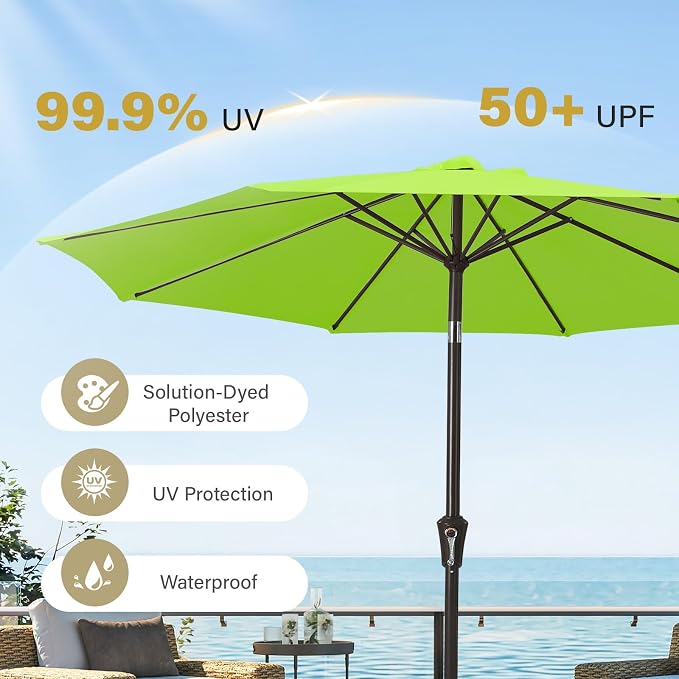 MEWAY 9ft Patio Umbrella Outdoor Table Umbrellas with Push Button Tilt and Crank, Market Umbrella 8 Sturdy Ribs for Deck, Garden, Pool and Backyard, Apple Green