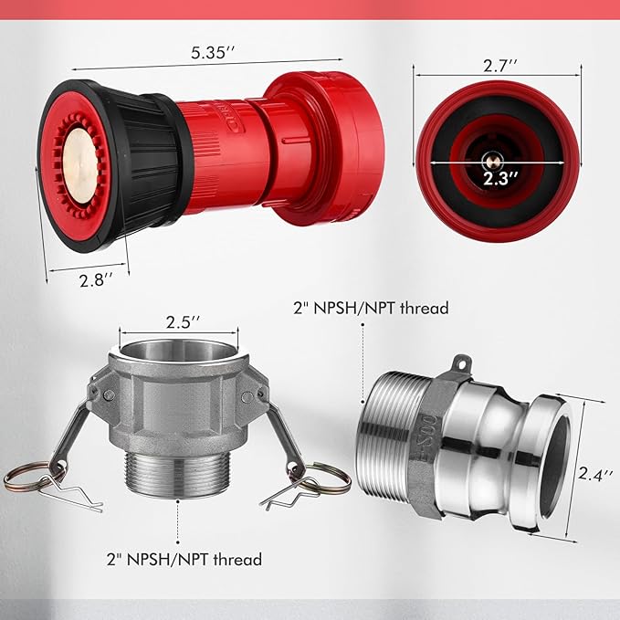 MorningRo 2 Fire Hose Nozzles Npsh/Npt Heavy-duty Industrial hose jet nozzle Thermoplastic Equipment Spray Fog with Aluminum Female and Male Aluminum Camlock Fitting for garden pool(2 Inches)