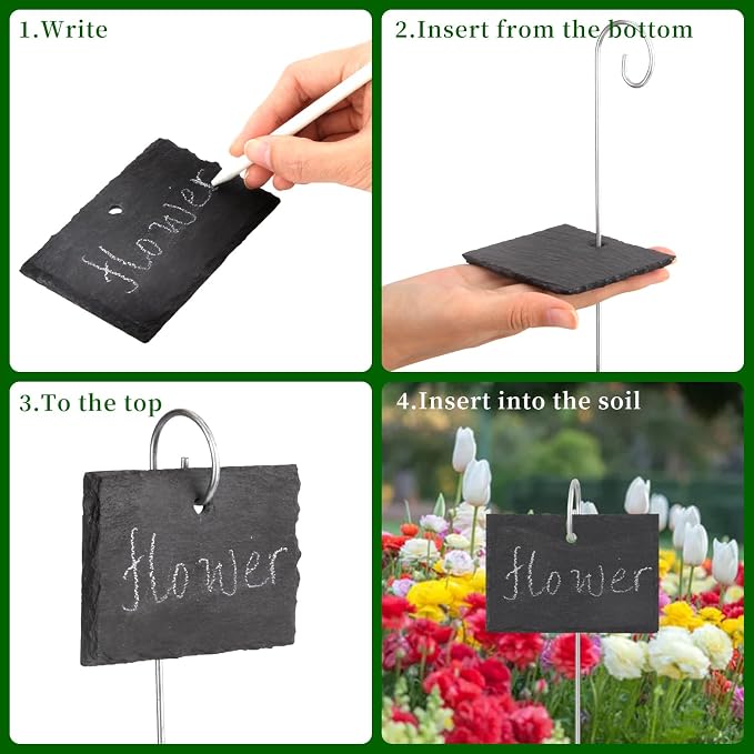 15 Pcs Slate Plant Labels with Chalk Pencils Outdoor Garden Marker Label Signs with Stakes for Plants, Vegetables, Herb, Flowers (Rectangular)