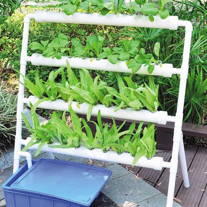INTBUYING PVC Hydroponics Growing System, 36 Sites 4 Pipes Grow Kit for Leafy Vegetables, 4 Layers Vertical Hydroponic Kit with with 110V Pump, Inner Set Hose, Basket, Planting Sponges