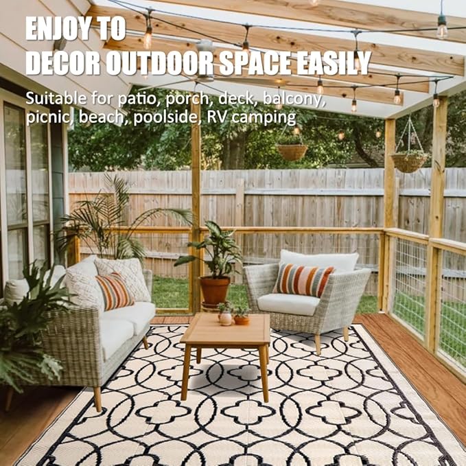 Pendolr 5’x8’ Outdoor Rug Waterproof Carpet Patio Rug Outdoor Plastic Straw Rugs Camping Rug Reversible Outside Outdoor Area Rug for Balcony Deck Backyard RV Picnic Beach Black&Beige 01#