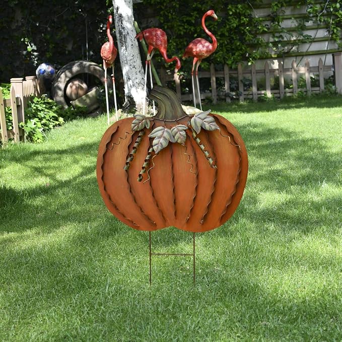 26" H Metal Pumpkin Yard Stake Outdoor Fall Decor Rustic Pumpkin Garden Stake Autumn Yard Sign Pumpkin Lawn Ornaments for Porch Garden Home Patio Harvest Thanksgiving Halloween Decorations