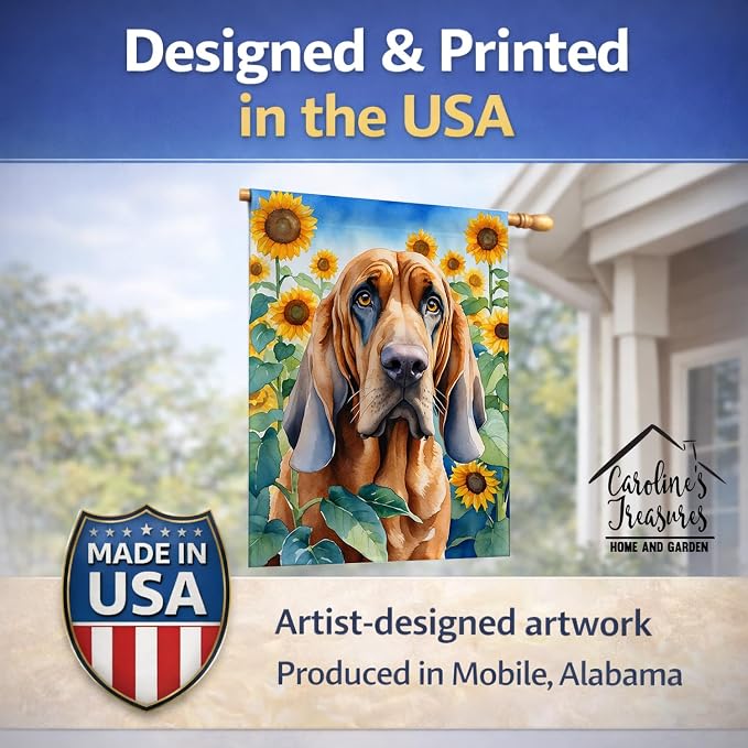 Caroline's Treasures DAC6029CHF Bloodhound in Sunflowers House Flag Large Porch Sleeve Pole Decorative Outside Yard Banner Artwork Wall Hanging, Polyester, House Size, Multicolor
