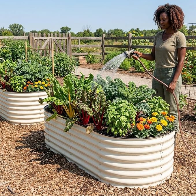 SnugNiture 4x2x1.5ft Raised Garden Bed Outdoor, 17" Tall Galvanized Metal Planter Box, Oval Raised Garden Bed Kit for Planting Vegetables Plants Fruits, Beige White